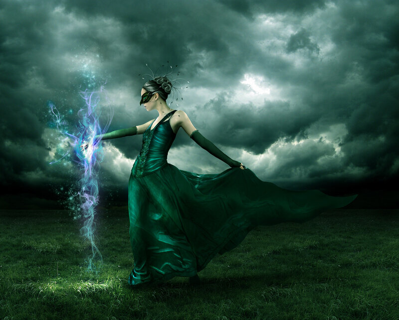 Woman in Green Dress — Dramatic, Night, Digital Art, Mask