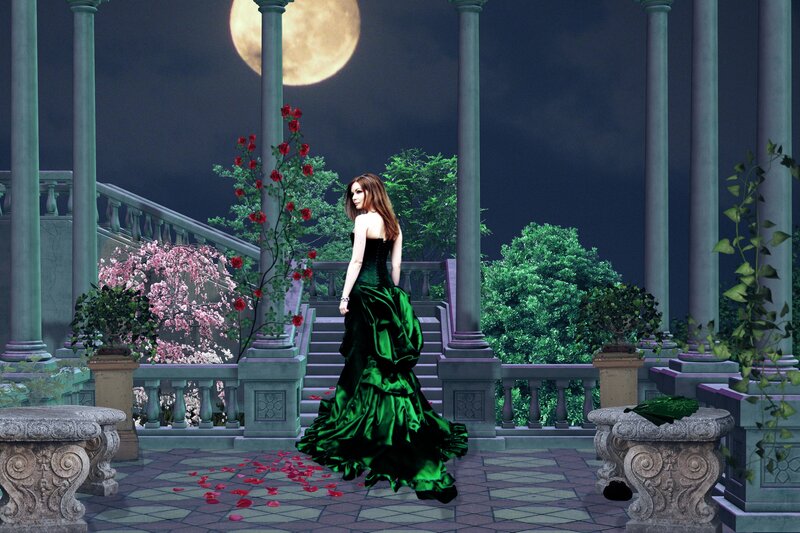 Woman in Green Dress — Dramatic, Night, Digital Art, Moon, Columns