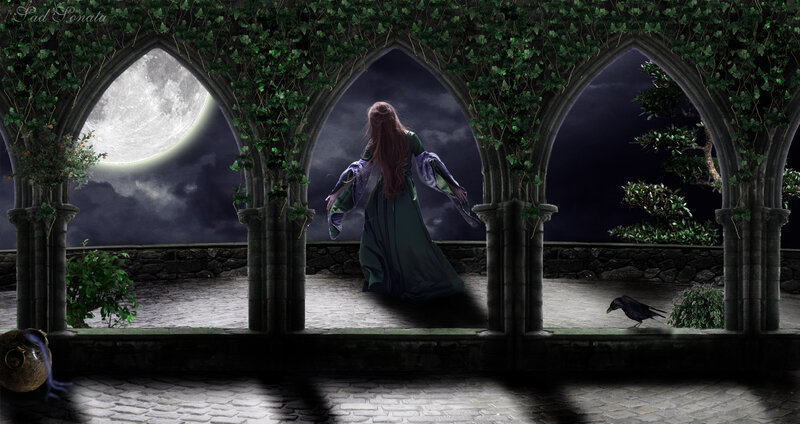 Woman in Green Dress — Dramatic, Night, Digital Art, Moon, Crow