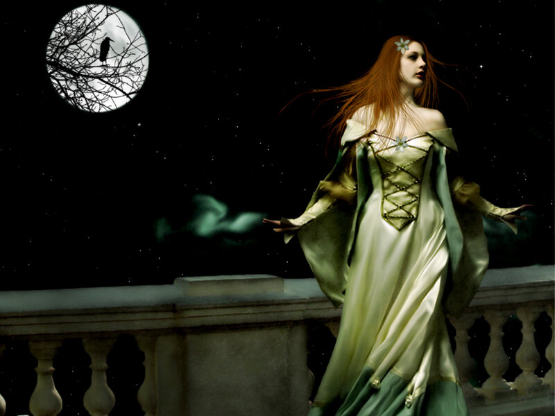 Woman in Green Dress — Dramatic, Night, Digital Art, Moon