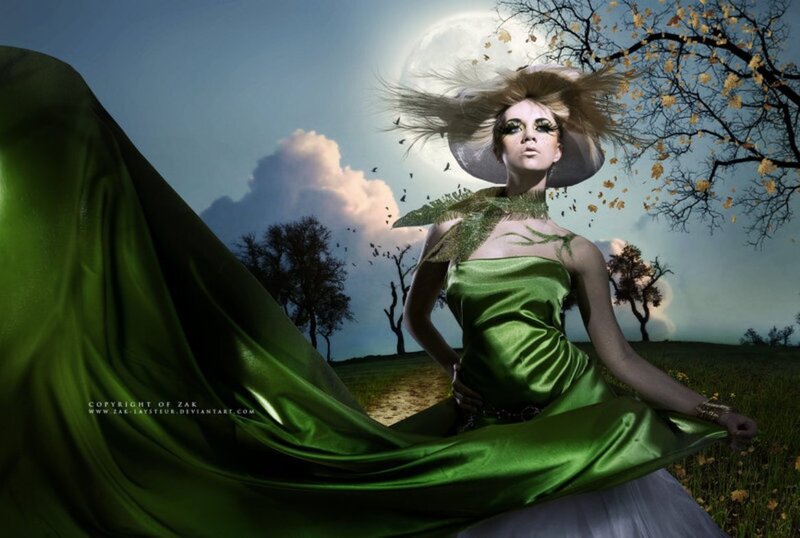 Woman in Green Dress — Dramatic, Night, Digital Art, Moon, Tree