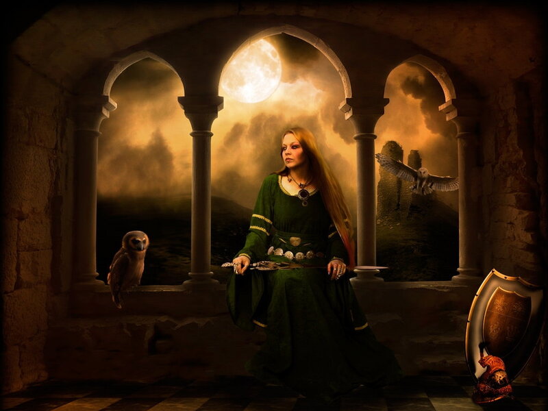 Woman in Green Dress — Dramatic, Night, Digital Art, Owl