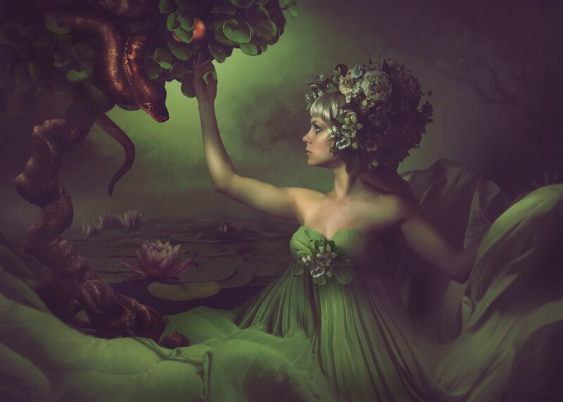 Woman in Green Dress — Dramatic, Night, Digital Art, Snake