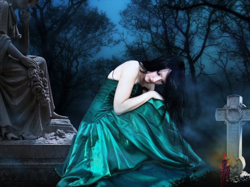 Woman in Green Dress — Dramatic, Night, Digital Art, Statue