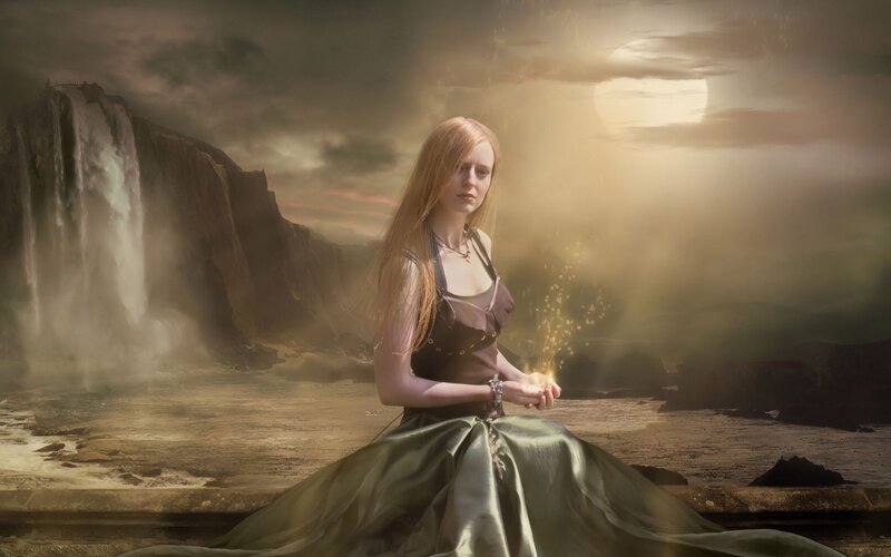 Woman in Green Dress — Dramatic, Night, Digital Art, Waterfall, Moon