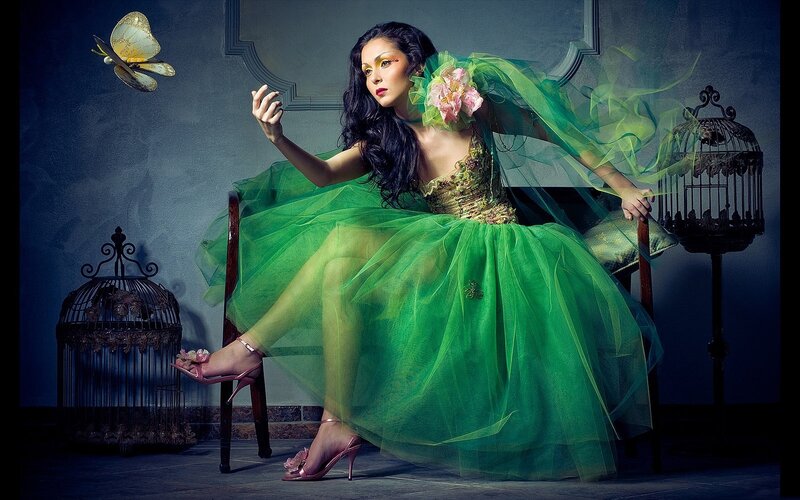 Woman in Green Dress — Dramatic, Night, Photograph, Butterfly, Birdcage