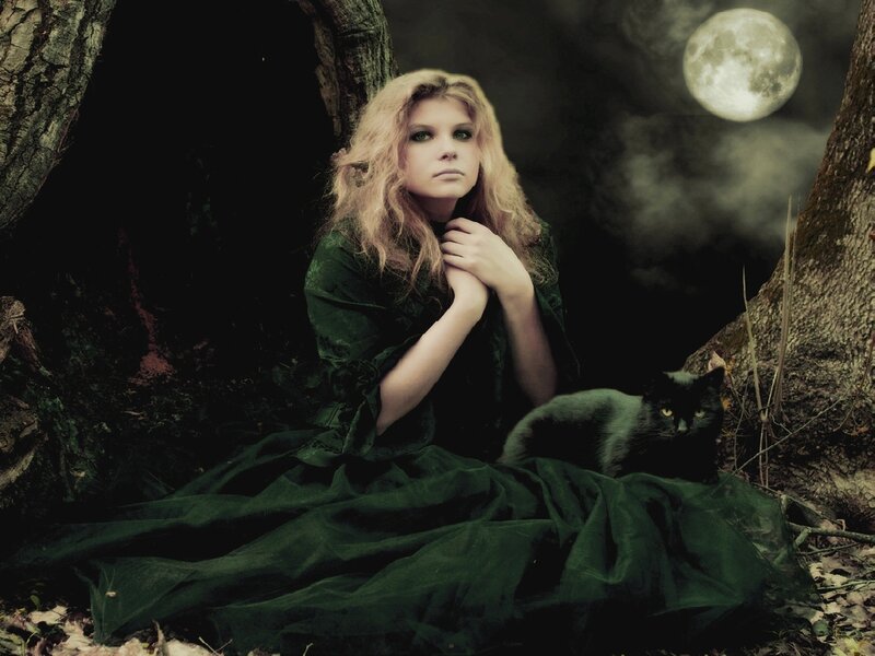 Woman in Green Dress — Dramatic, Night, Photograph, Cat