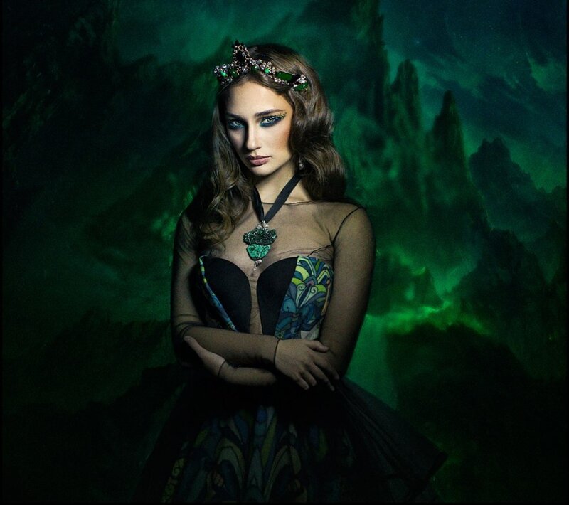 Woman in Green Dress — Dramatic, Night, Photograph, Crown
