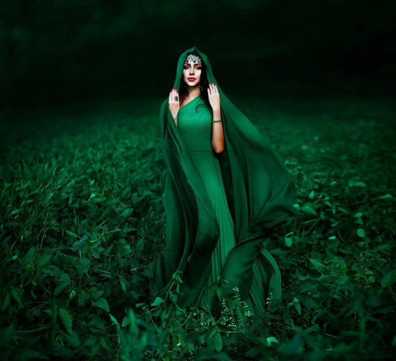 Woman in Green Dress — Dramatic, Night, Photograph, Forest