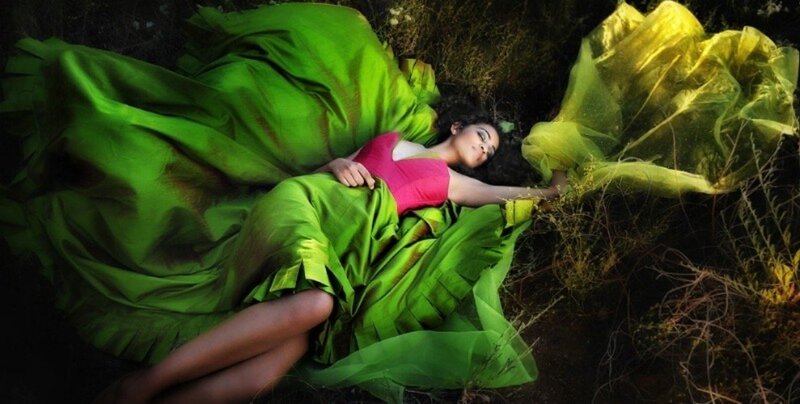 Woman in Green Dress — Dramatic, Night, Photograph, Grass