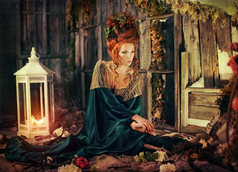 Woman in Green Dress — Dramatic, Night, Photograph, Lantern