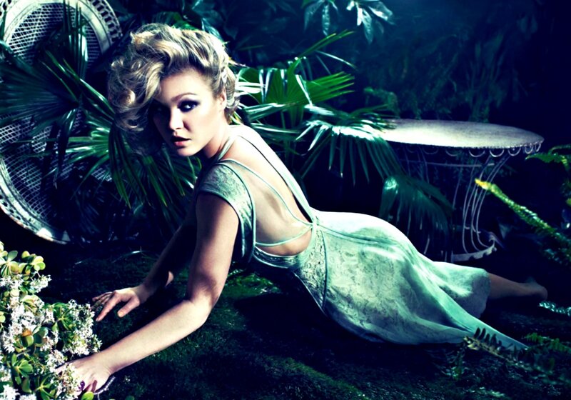 Woman in Green Dress — Dramatic, Night, Photograph, Plants