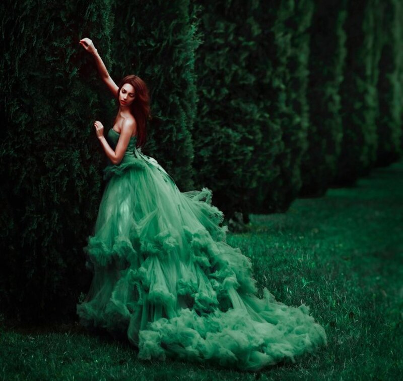 Woman in Green Dress — Dramatic, Night, Photograph, Trees