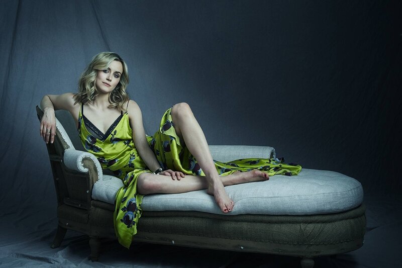 Woman in Green Dress — Dramatic, Photograph, Chaise Lounge
