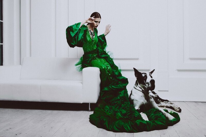 Woman in Green Dress — Dramatic, Photograph, Dog, Sofa