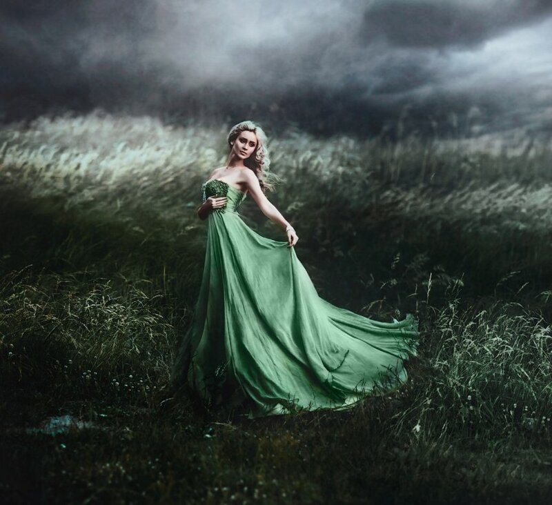 Woman in Green Dress — Dramatic, Photograph, Field