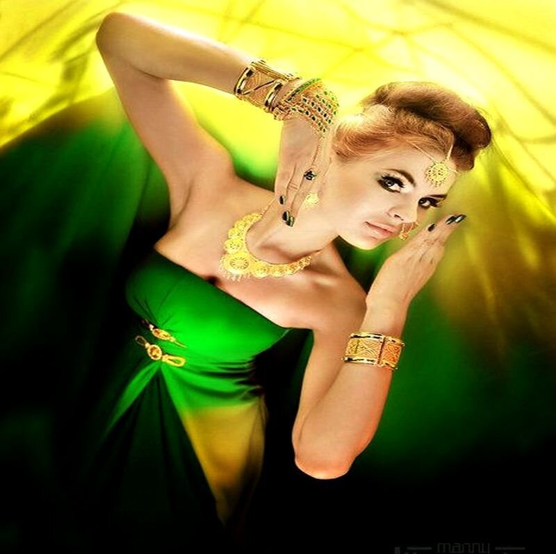 Woman in Green Dress — Dramatic, Photograph, Gold Jewelry