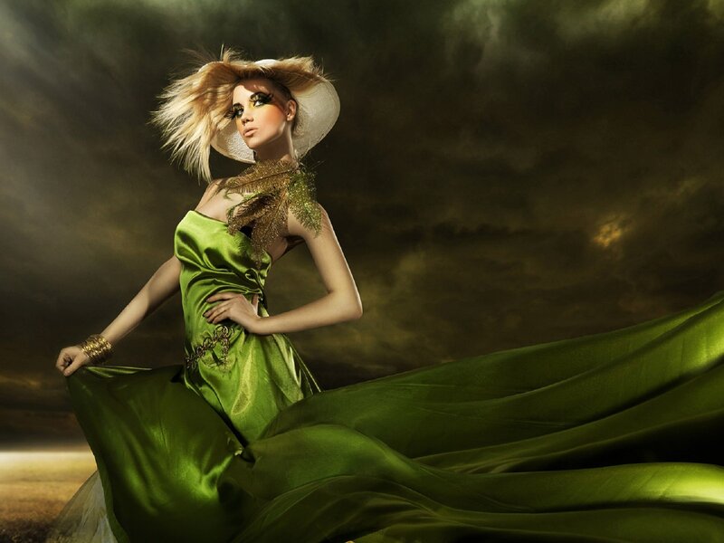 Woman in Green Dress — Dramatic, Photograph, Hat, Makeup