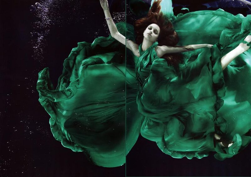Woman in Green Dress — Dramatic, Photograph, Underwater