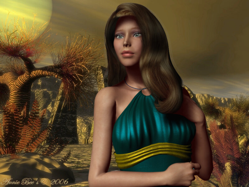 Woman in Green Dress — Dramatic, Sunset, Digital Art, Alien Plants