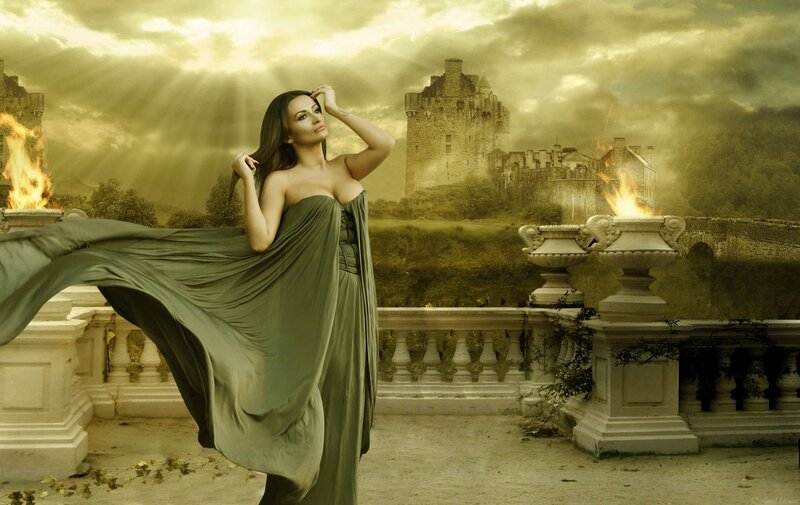 Woman in Green Dress — Dramatic, Sunset, Digital Art, Castle, Fire
