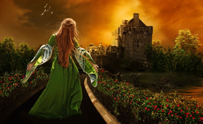 Woman in Green Dress — Dramatic, Sunset, Digital Art, Castle