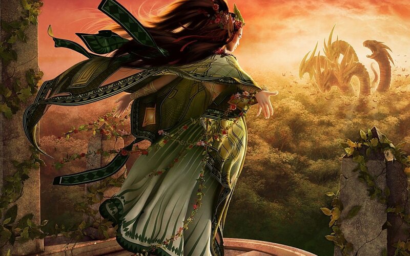 Woman in Green Dress — Dramatic, Sunset, Digital Art, Dragon, Forest
