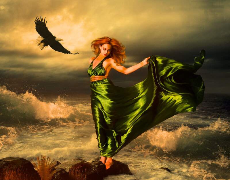 Woman in Green Dress — Dramatic, Sunset, Digital Art, Eagle
