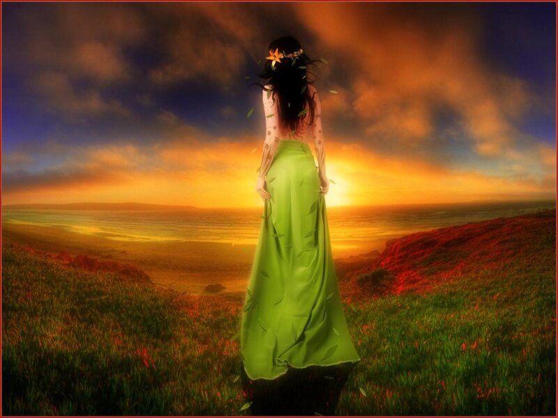 Woman in Green Dress — Dramatic, Sunset, Digital Art, Flower Crown