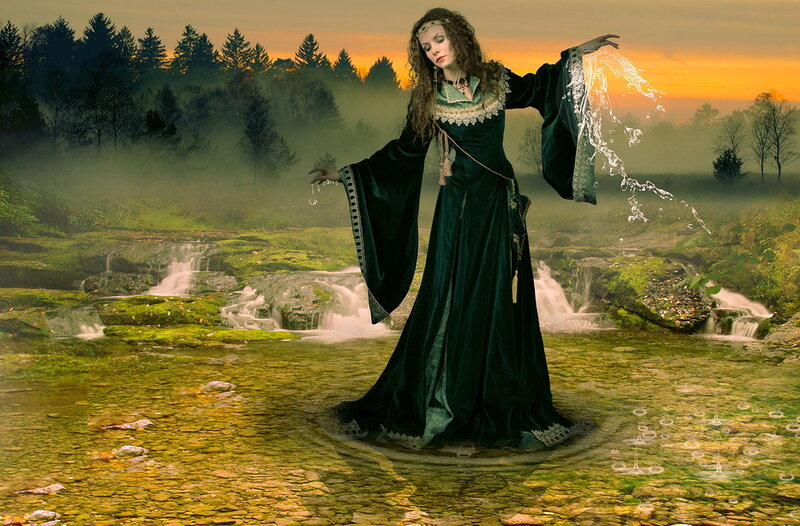 Woman in Green Dress — Dramatic, Sunset, Digital Art, Forest, River