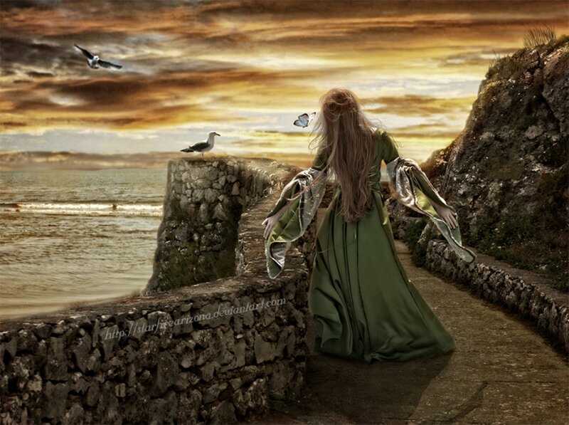Woman in Green Dress — Dramatic, Sunset, Digital Art, Seagull