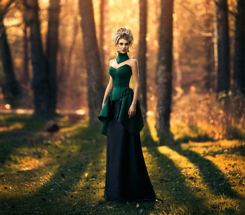 Woman in Green Dress — Dramatic, Sunset, Photograph, Forest