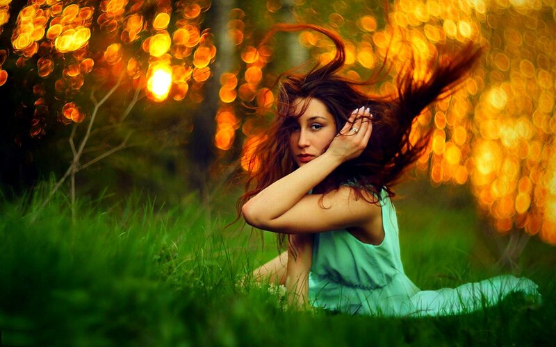 Woman in Green Dress — Dramatic, Sunset, Photograph, Grass