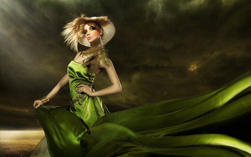 Woman in Green Dress — Dramatic, Sunset, Photograph, Hat, Feathers