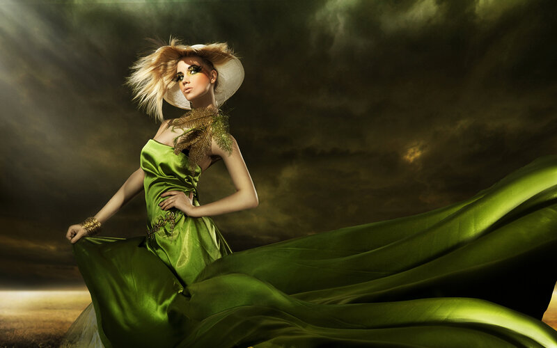 Woman in Green Dress — Dramatic, Sunset, Photograph, Hat, Makeup