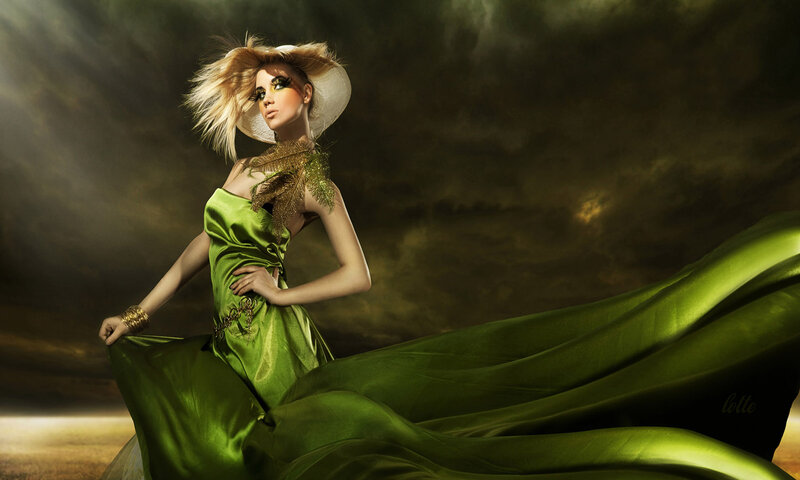 Woman in Green Dress — Dramatic, Sunset, Photograph, Hat