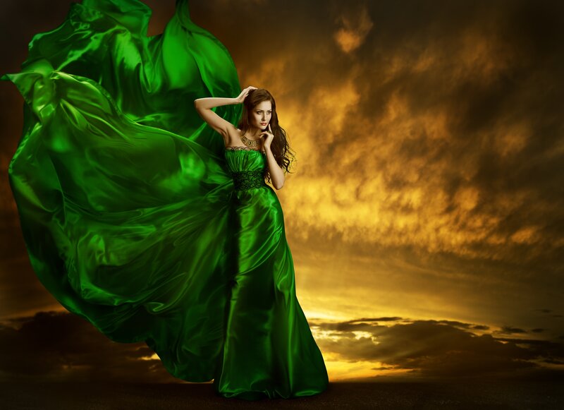 Woman in Green Dress — Dramatic, Sunset, Photograph, Sky