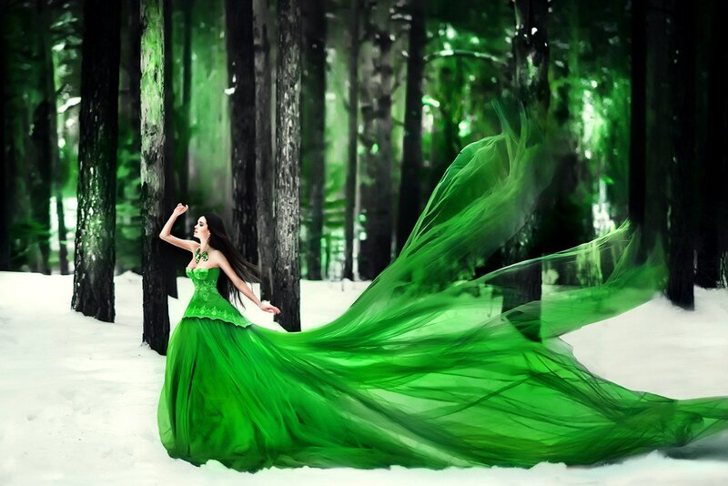 Woman in Green Dress — Dramatic, Winter, Digital Art, Forest