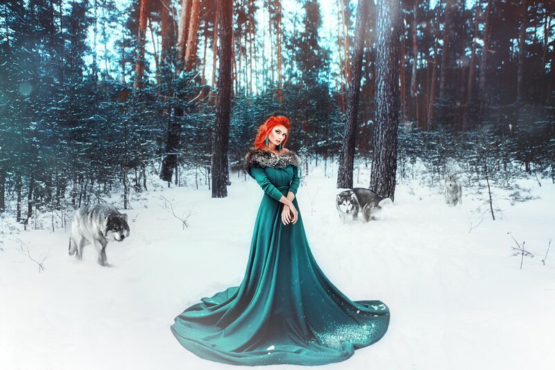 Woman in Green Dress — Dramatic, Winter, Digital Art, Wolves
