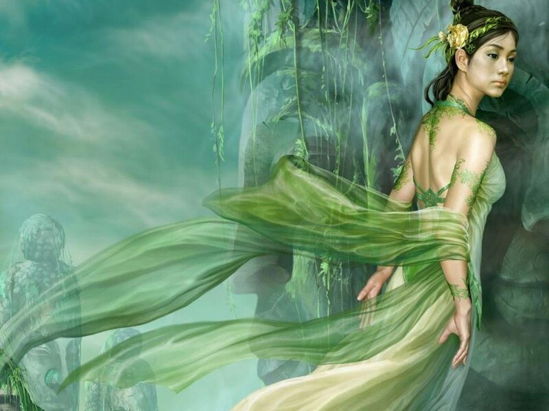 woman in green dress in forest