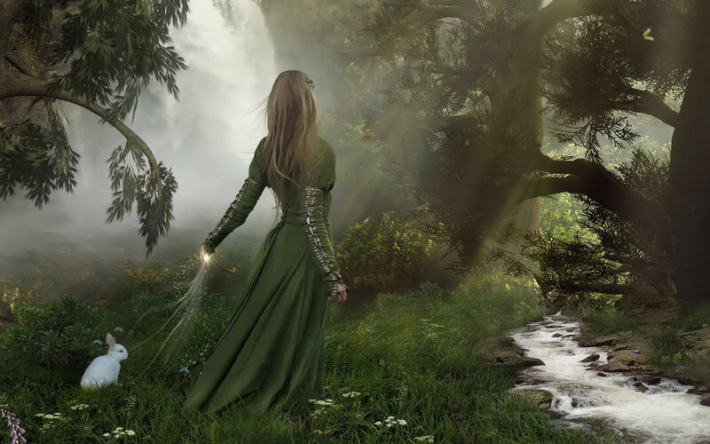 woman in green dress in forest