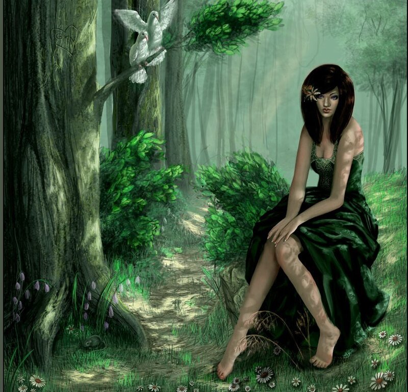 woman in green dress in forest