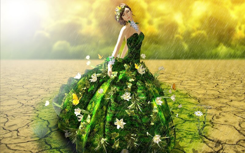 woman in green dress in rain
