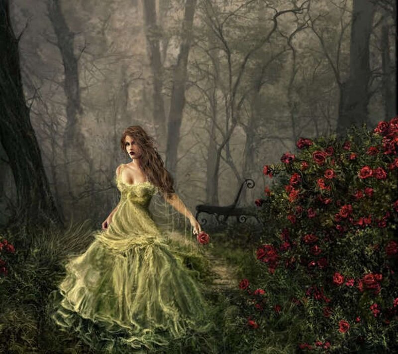 Woman in Green Dress — Mysterious, Digital Art