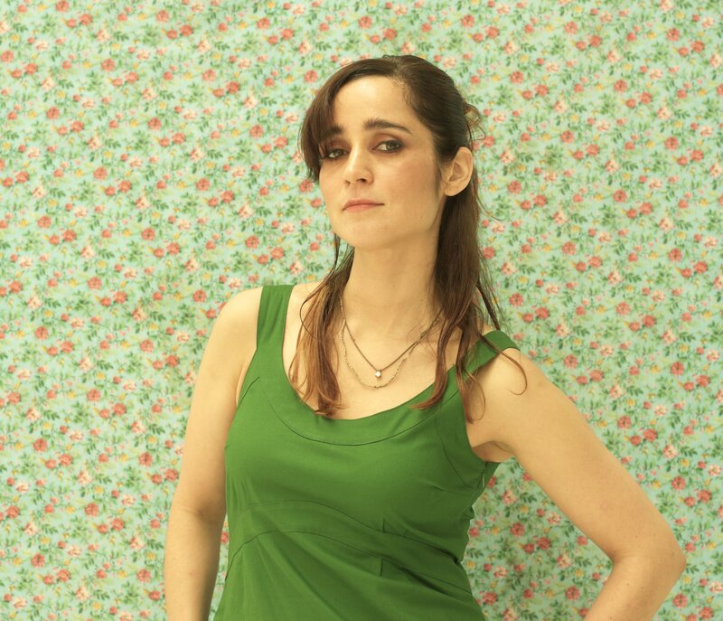 Woman in Green Dress — Neutral, Photograph, Necklace, Floral Wallpaper