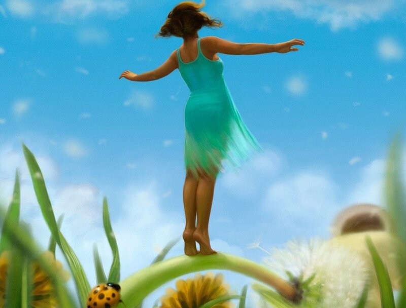 woman in green dress on dandelion