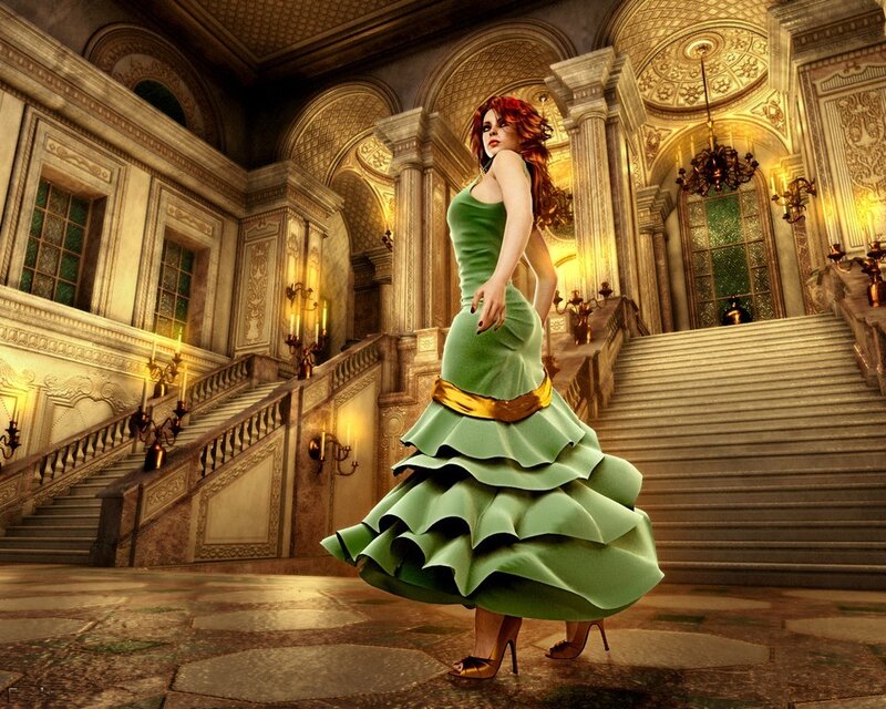 Woman in green dress on staircase