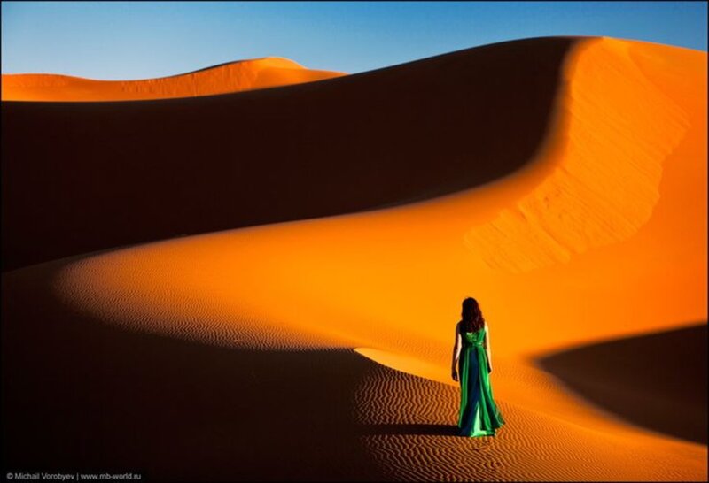 Woman in Green Dress — Orange, Dramatic, Sunset