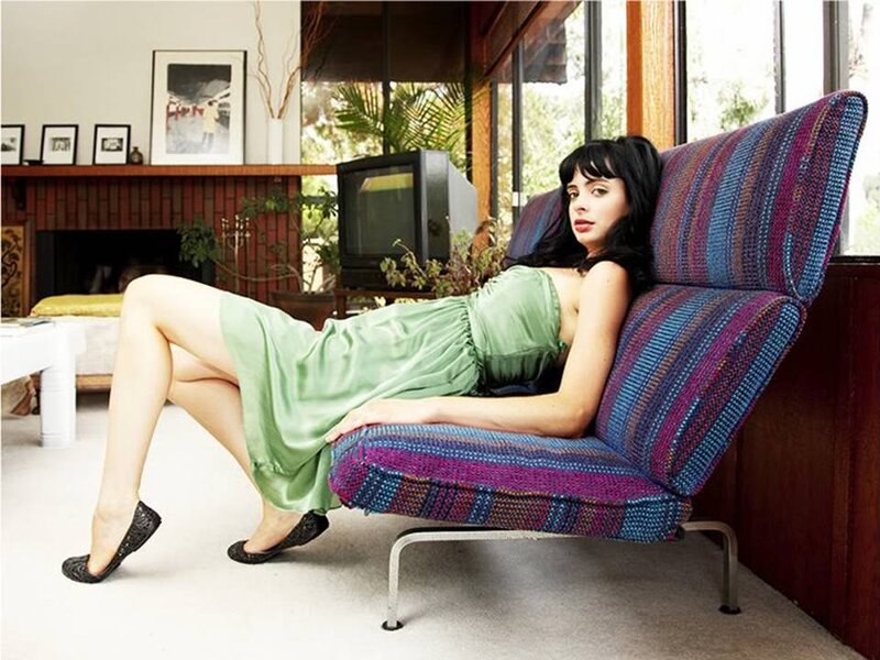 Woman in Green Dress — Relaxed, Afternoon, Photograph, Striped Chair