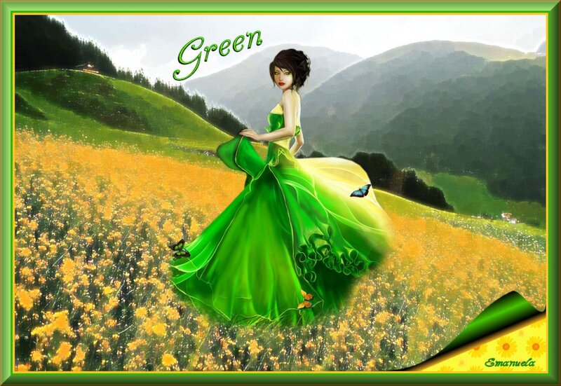 Woman in Green Dress — Serene, Afternoon, Digital Art, Butterflies, Flower Field